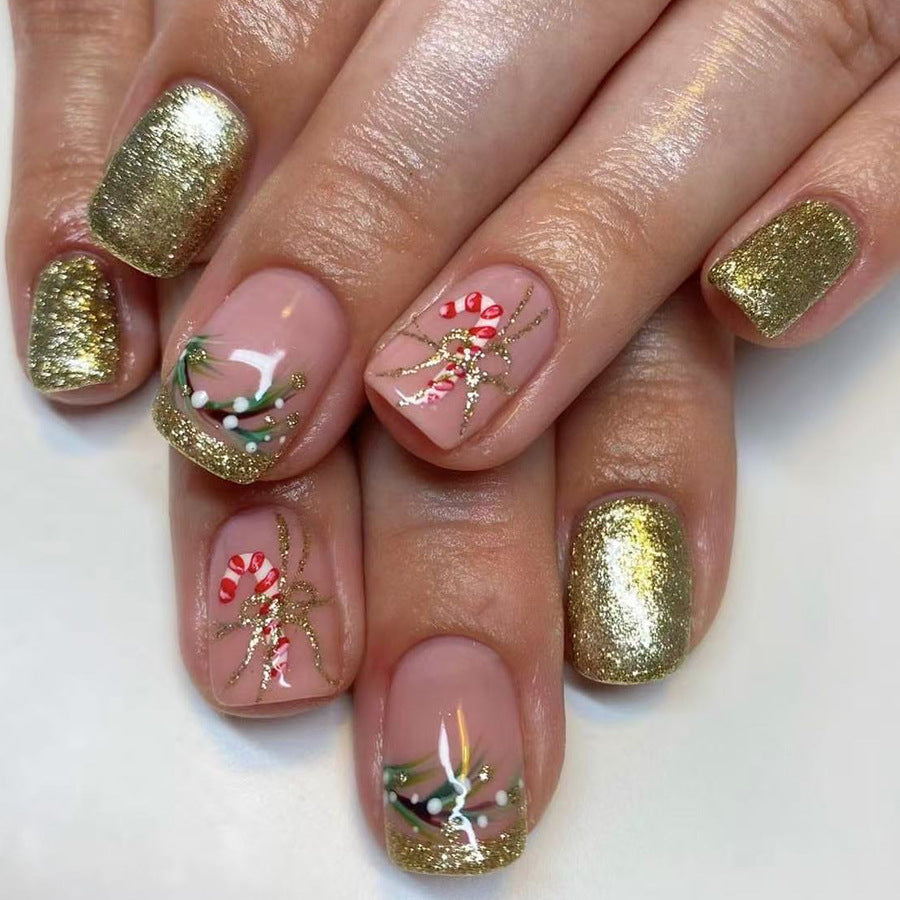 Holiday Cheer Glamour Press On Nail Set Short Square Gold and Beige with Candy Cane Design