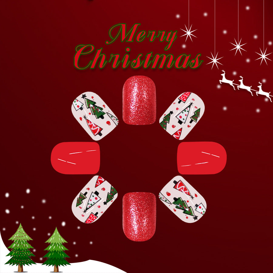 Festive Wonderland Red Square Medium Press On Nail Set with Glittery Accent and Christmas Tree Designs