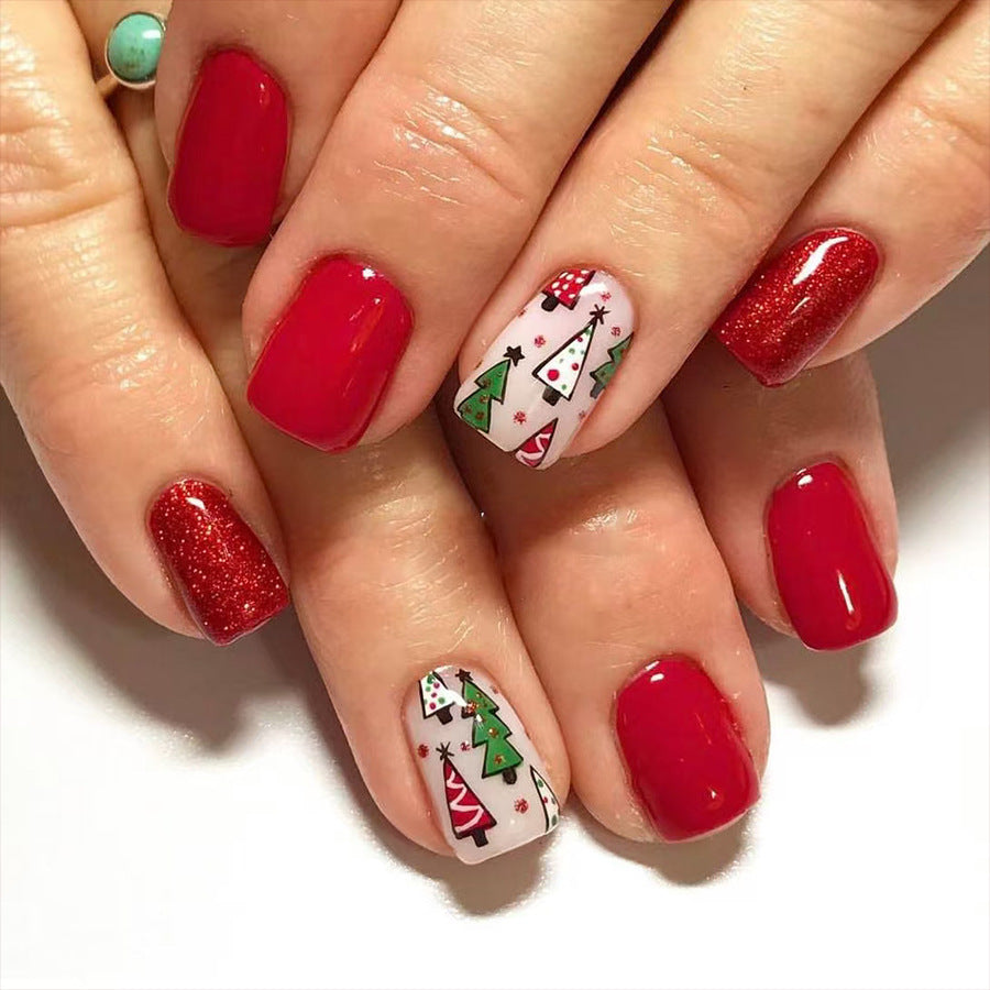 Festive Holiday Glam Medium Square Red and Sparkly Glitter with Christmas Tree Design Press On Nail Set