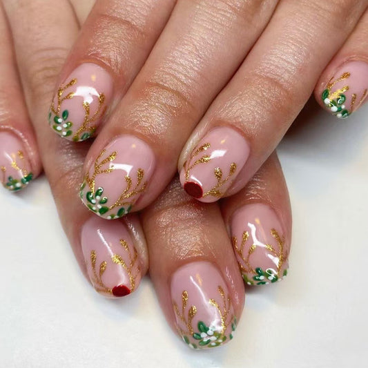 Festive Elegance Short Square Soft Pink with Gold and Green Floral Accents Press On Nail Set