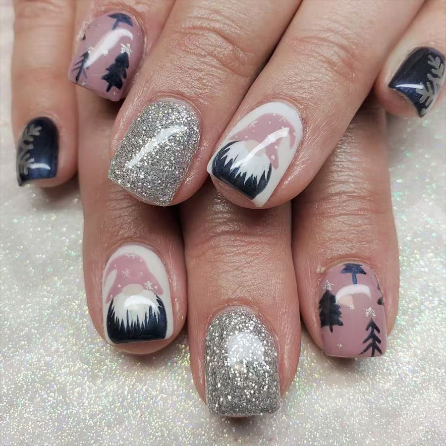 Winter Wonderland Short Square Pink and Navy Press On Nail Set with Sparkling Glitter Finish and Scenic Mountain Design