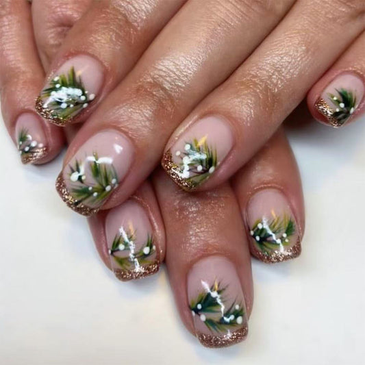 Winter Wonderland Elegant Short Square Ombre Glitter Green and White Floral Press On Nail Set