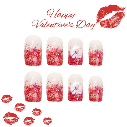 Romantic Sparkle Press On Nails in Short Square Shape with Red Glitter and Floral Accent