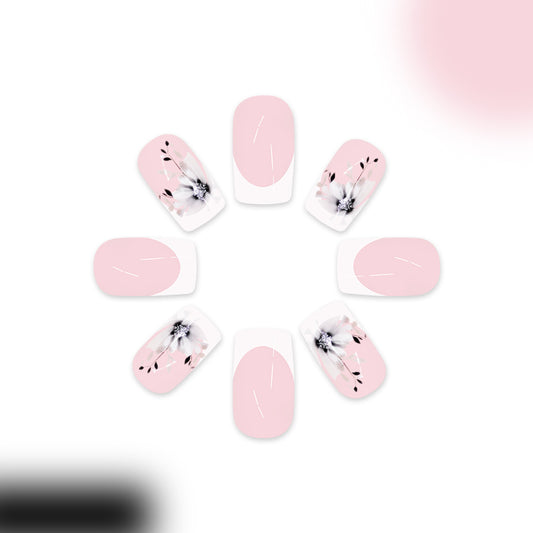 Blossom Dream Pink Short Square Press On Nail Set with Elegant Floral Accents