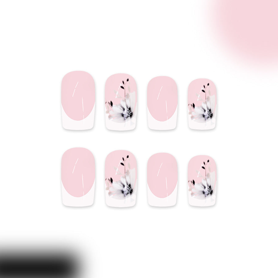 Blossom Elegance Medium Short Square Soft Pink with Floral Design Press On Nail Set