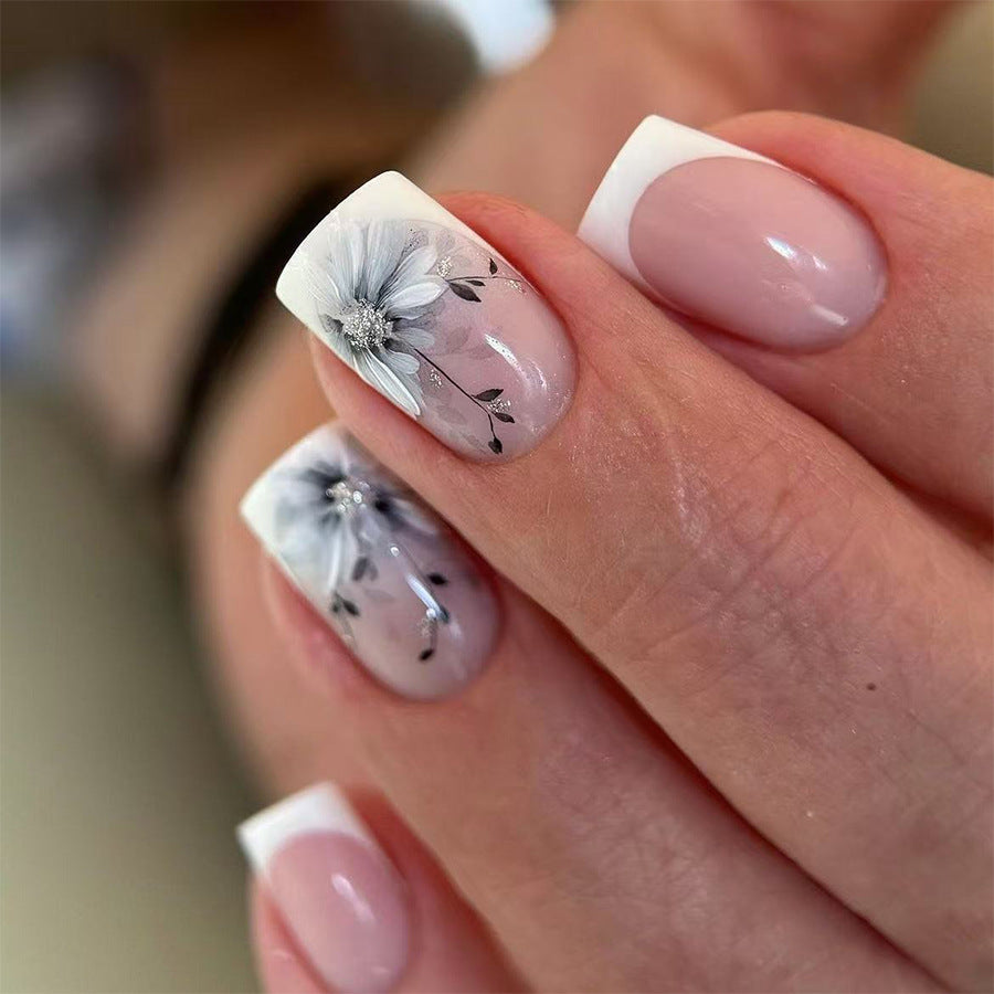 Floral Elegance Short Square Soft Pink and White with Exquisite Flower Design Press on Nail Set