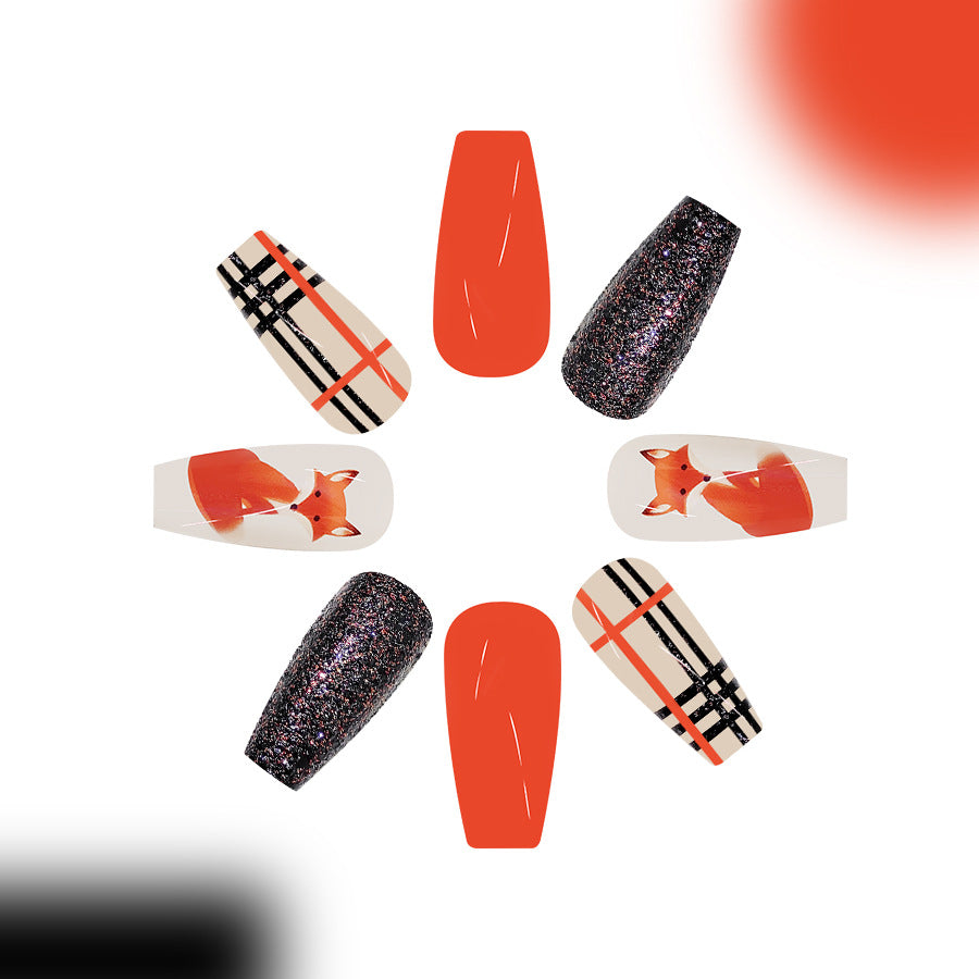 Charming Autumn Vibes Long Coffin Orange Nails with Shimmering Glitter and Foxy Accents