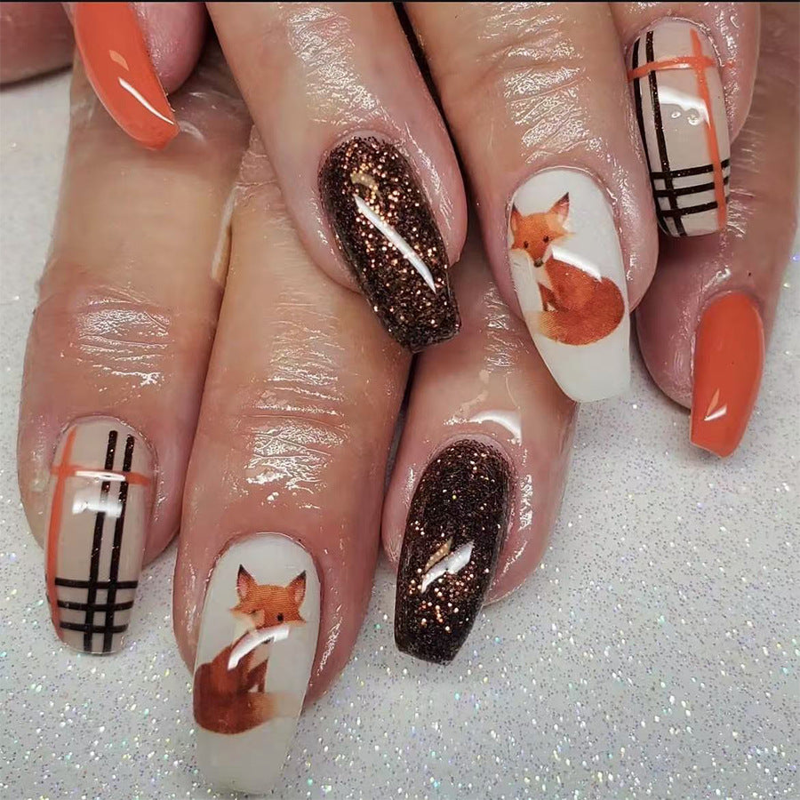 Whimsical Fox Theme Medium Coffin Shaped Bright Orange and Sparkling Brown Press on Nail Set with Unique Fox Design