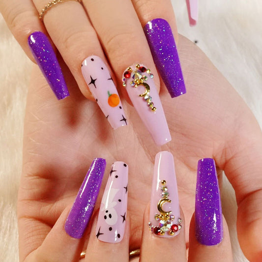 Magical Night Long Coffin Purple and Lavender Press On Nail Set with Glitter and Gemstone Accents