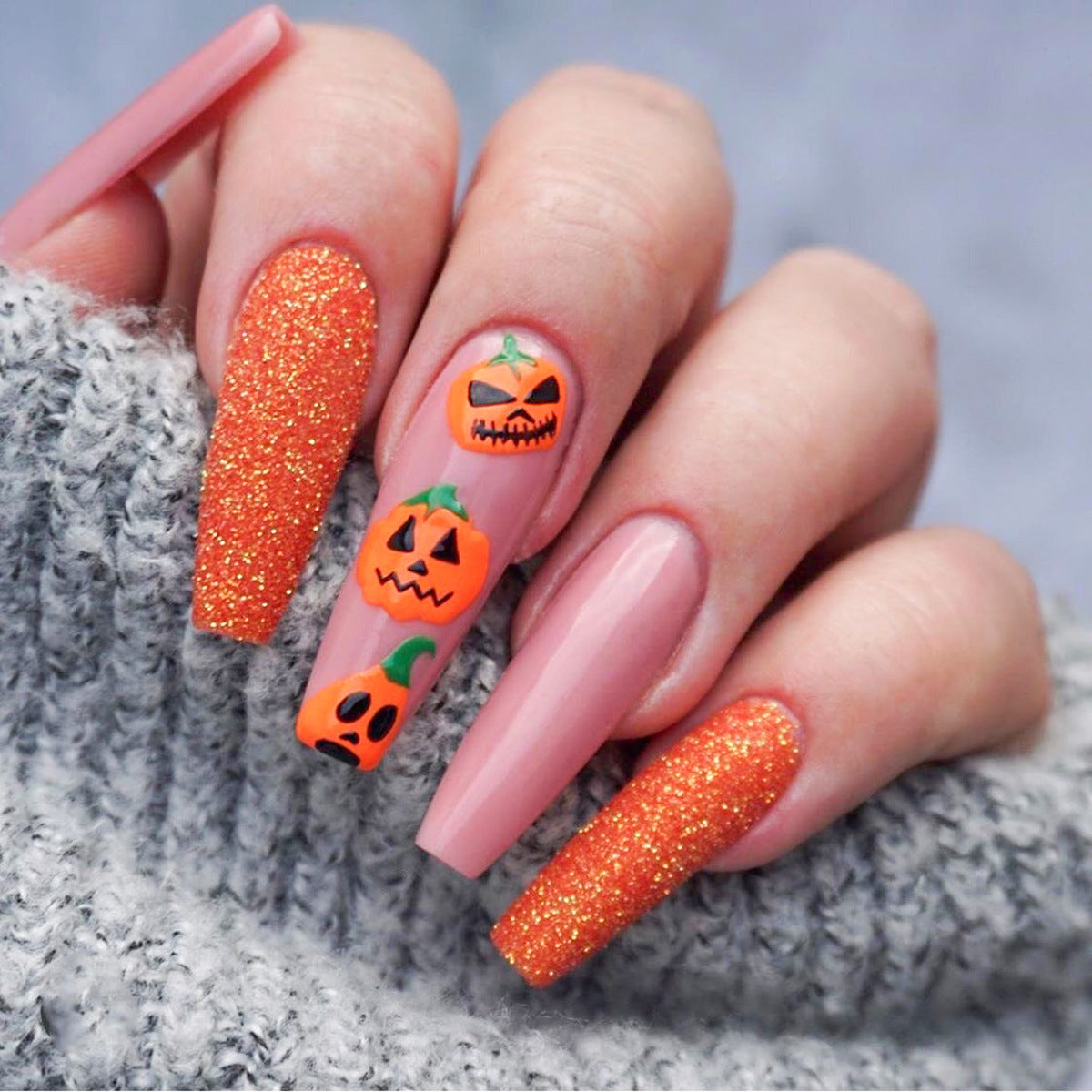 Halloween Pumpkin Orange Long Coffin Press On Nail Set with Glitter and Spooky Designs