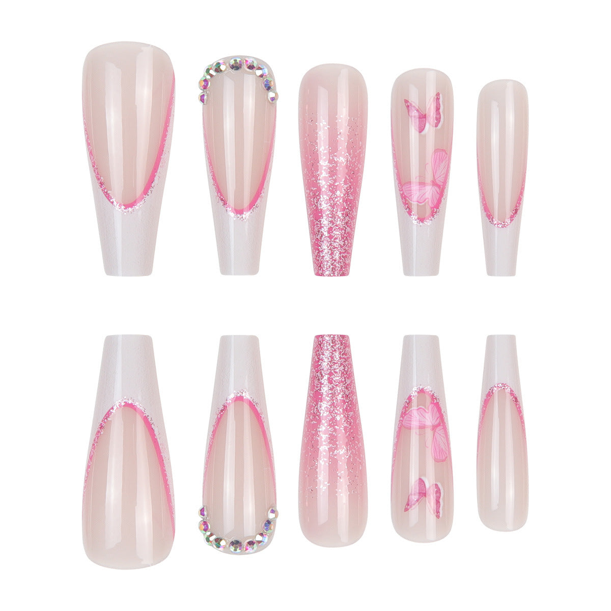 Glamorous Garden Touch Long Coffin Pink Press On Nail Set with Glitter and Rhinestone Accent