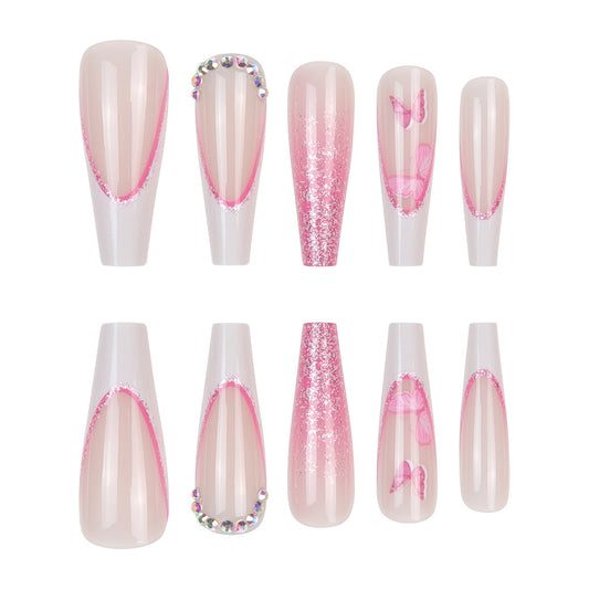 Glamorous Garden Touch Long Coffin Pink Press On Nail Set with Glitter and Rhinestone Accent