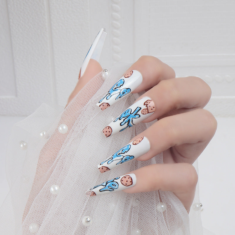 Sweet Cookie Wonderland Long Coffin White Press On Nail Set with Cute Cookie and Blue Splash Designs