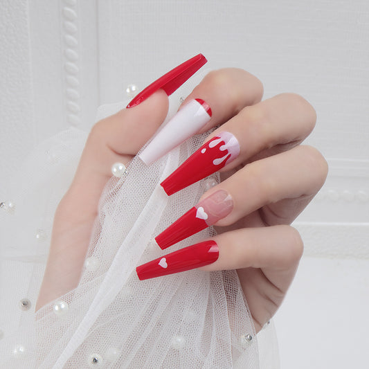 Sweetheart Delight Long Coffin Red Press On Nail Set with Dripping Design and Heart Accents