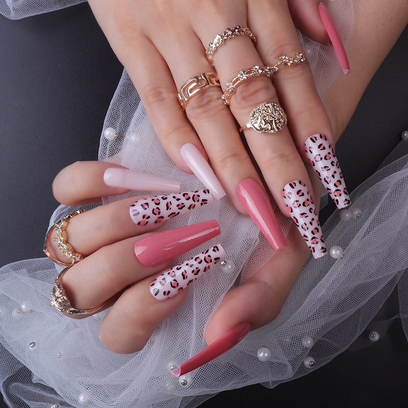 Wild Chic Long Coffin Press On Nail Set in Pink and White with Leopard Print Design