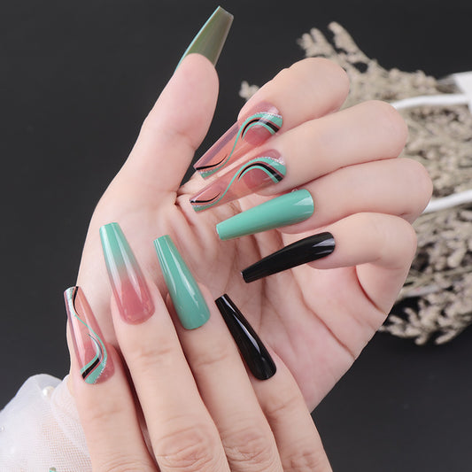 Tropical Oasis Long Coffin Press On Nail Set in Green Black and Pink with Unique Swirl Design