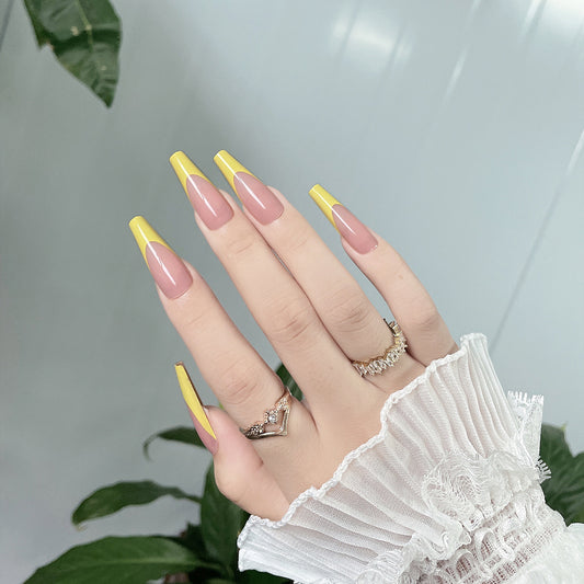 Sunny Citrus Glamour Long Coffin Press On Nails in Beige and Yellow with Elegant Triangle Design