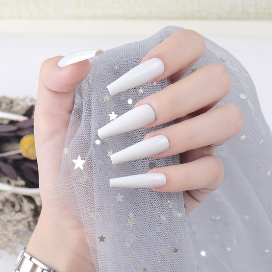 Starry Night Long Coffin Press On Nail Set in Sleek White with Glossy Finish