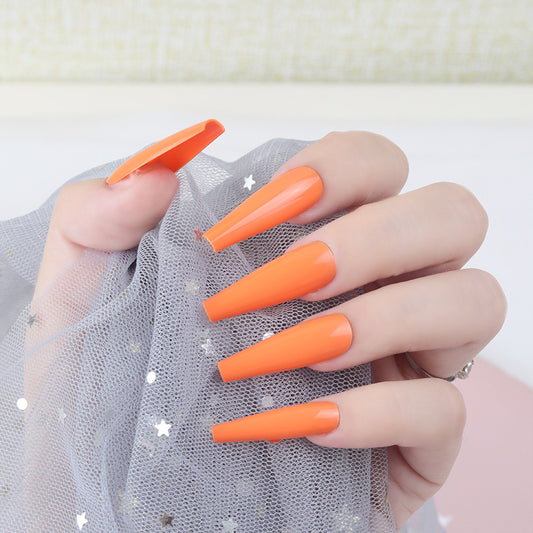 Vibrant Sunset Long Coffin Press On Nails Bright Orange Perfect Length with Glossy Finish