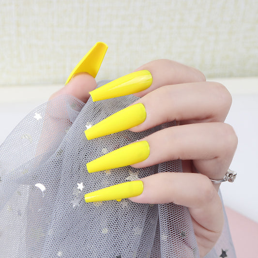 Sunshine Vibes Long Coffin Bright Yellow Press On Nail Set with Glossy Finish