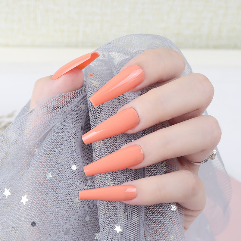 Tropical Sunset Long Coffin Press On Nails in Coral Orange with Glossy Finish and Elegant Design