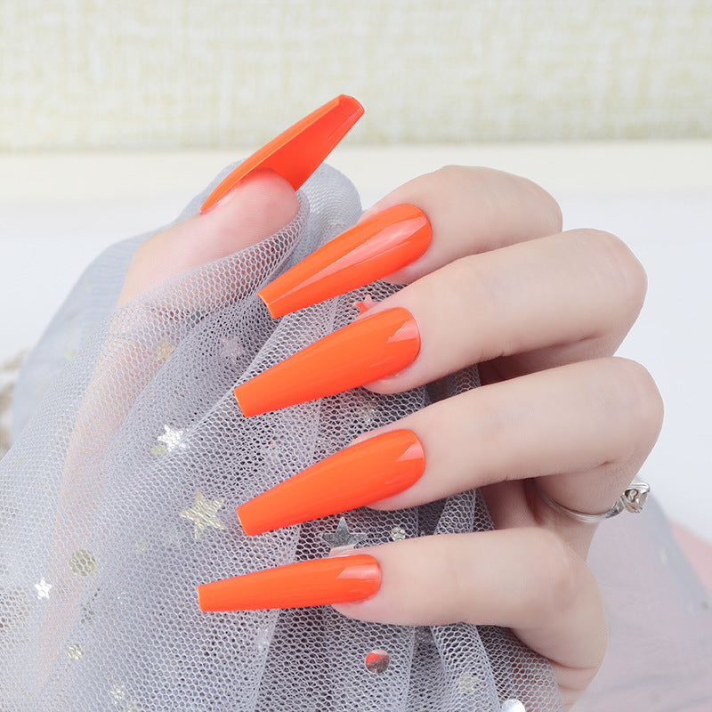 Vibrant Sunset Long Coffin Press On Nail Set Bright Neon Orange with Glossy Finish