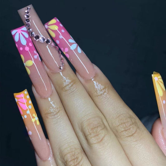 Spring Blossom Extra-Long Square Press on Nail Set, Pink & Yellow Floral Design with Rhinestone Accents