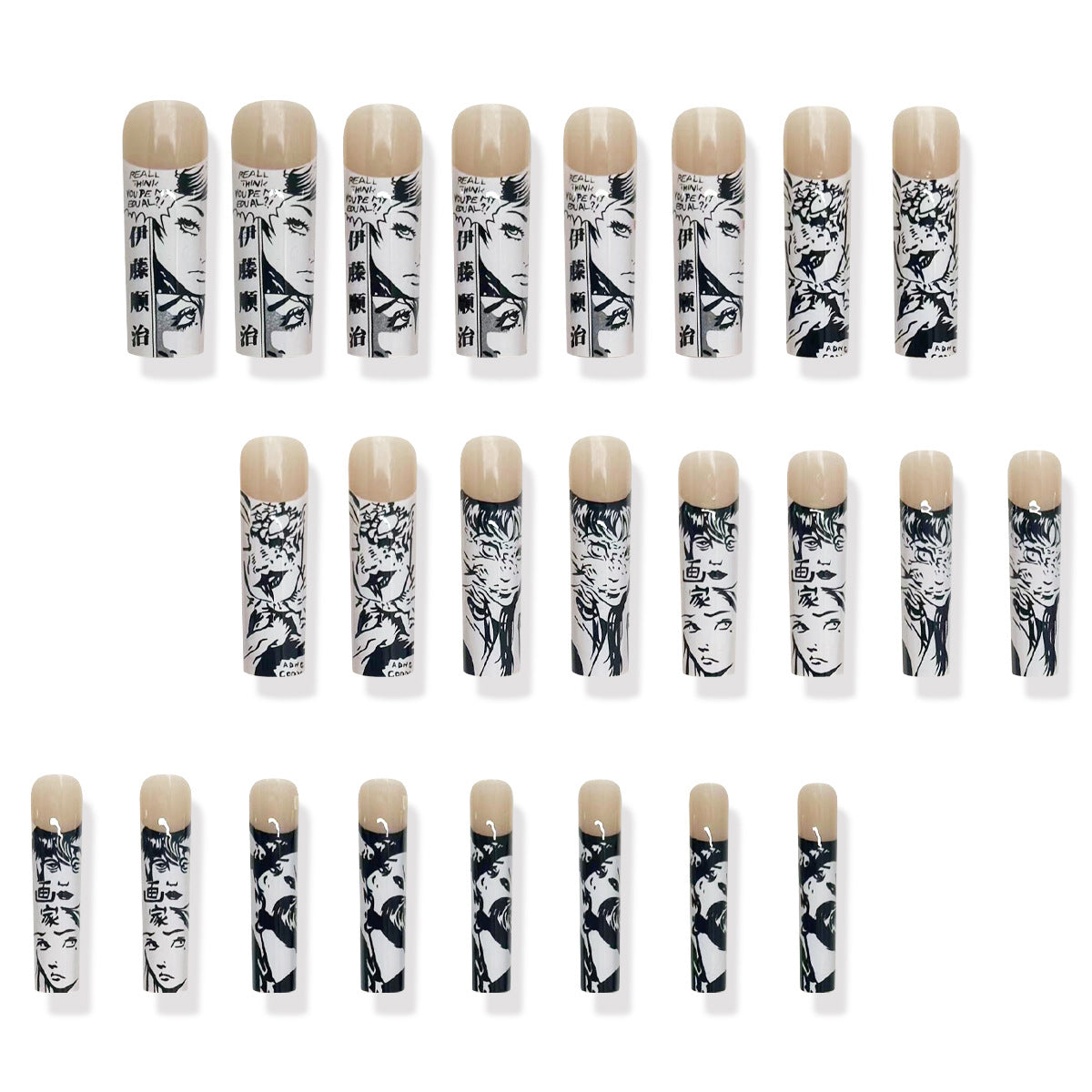 Artistic Vision Long Square Black and White Graphic Press On Nail Set with Unique Illustrated Designs