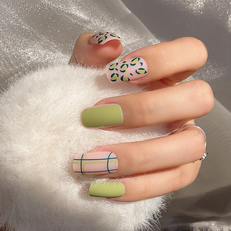 Tropical Paradise Long Square Matte Green and White Press On Nail Set with Unique Leaf and Grid Designs