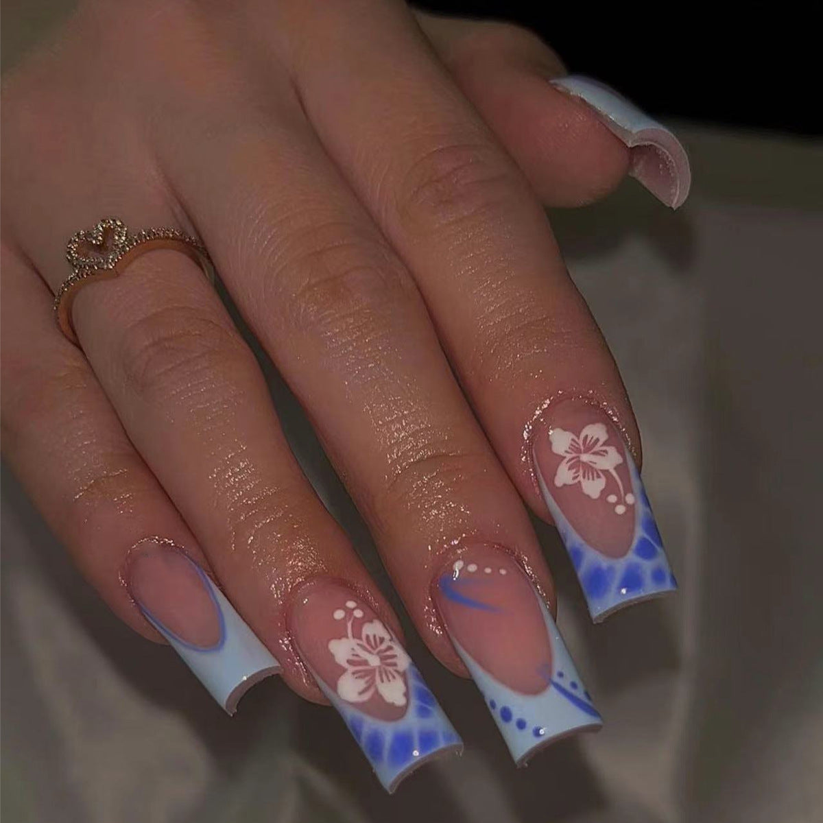 Tropical Escape Long Coffin Blue Ombr√© Press On Nails with Floral Accent Design