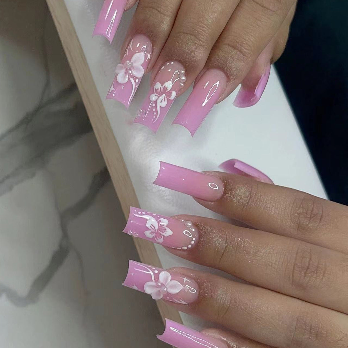 Floral Bliss Long Square Pink Press On Nail Set with Elegant Flower Designs