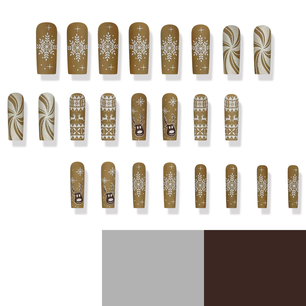 Winter Wonderland Extra Long Square Shaped Brown Press On Nail Set with Snowflake and Reindeer Patterns