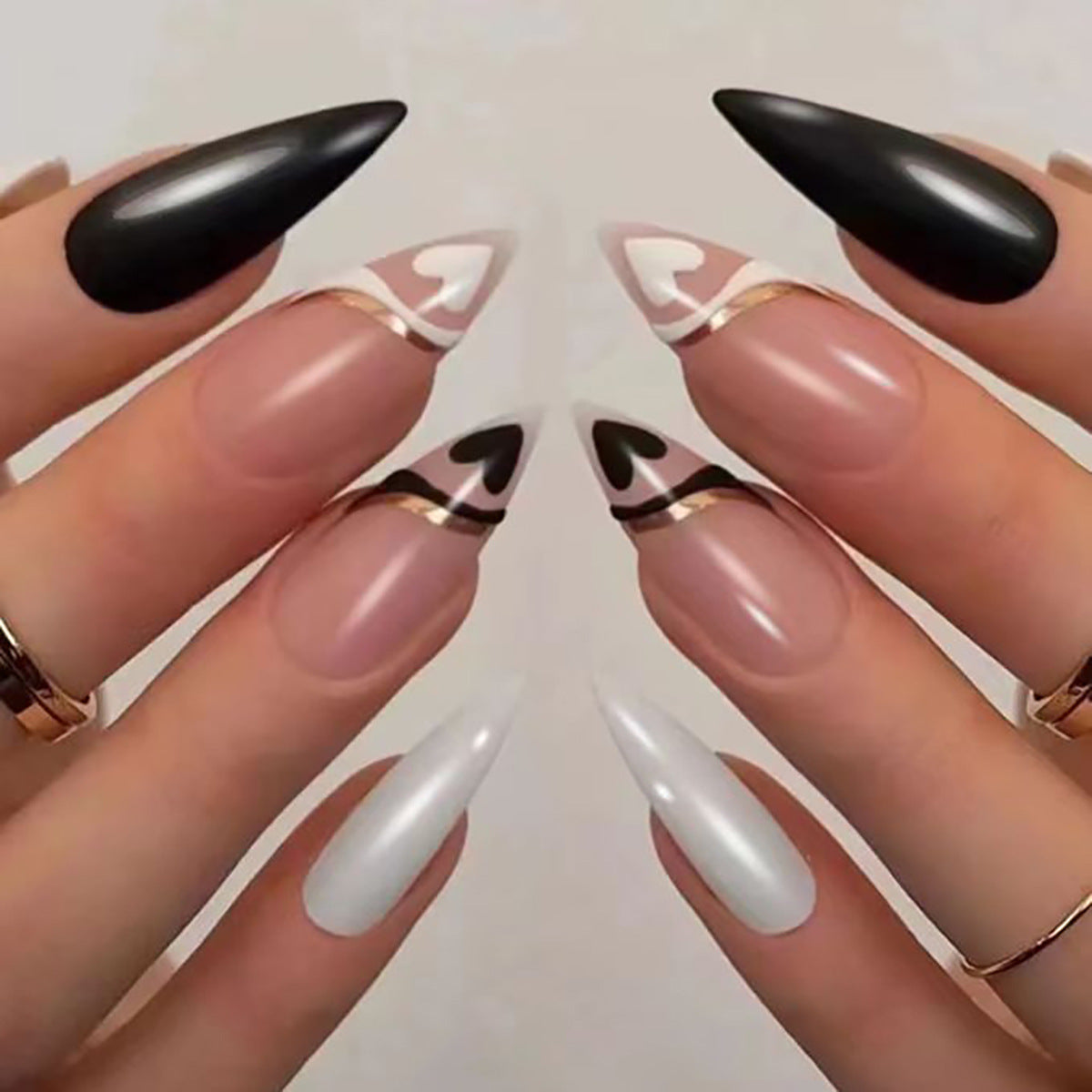 Chic Romance Long Stiletto Black and White Heart Design Press On Nail Set