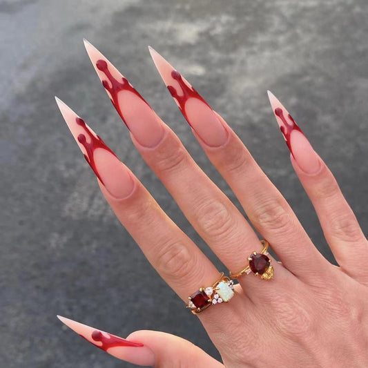 Vampire Glamour Long Stiletto Beige and Blood Red Press On Nail Set with Dripping Blood Design