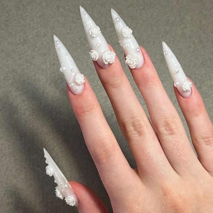 Whimsical Elegance Long Stiletto Press On Nails White with Floral Accents and Pearl Details