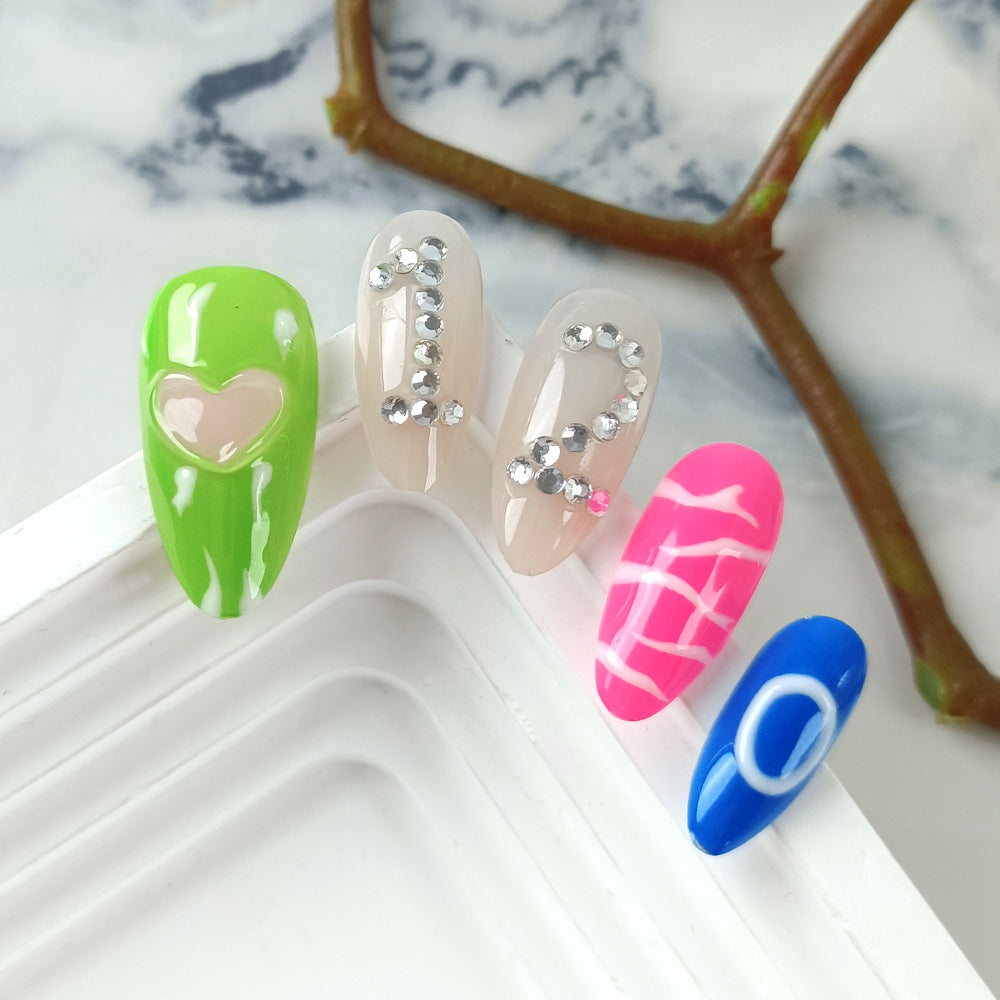 Vibrant Summer Fun Long Almond Press On Nail Set in Green Blue Pink and Beige with Heart and Rhinestone Accents