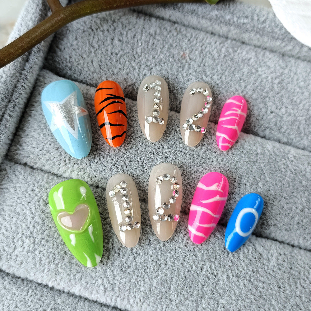 Funky Jungle Themed Long Almond Shape Multi-Color Press On Nail Set with Rhinestone Designs