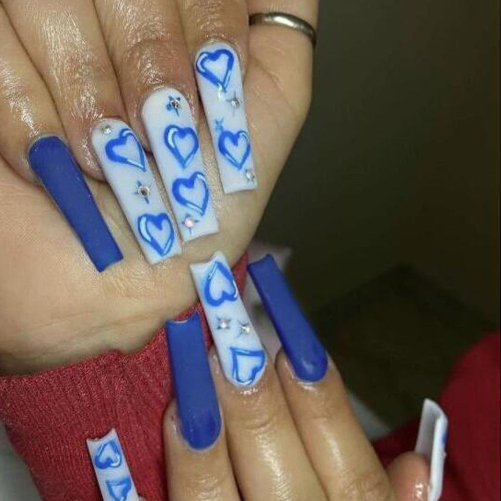 Sweetheart Blues Long Square Acrylic Press On Nail Set with Blue Heart Designs and Glitter Accents