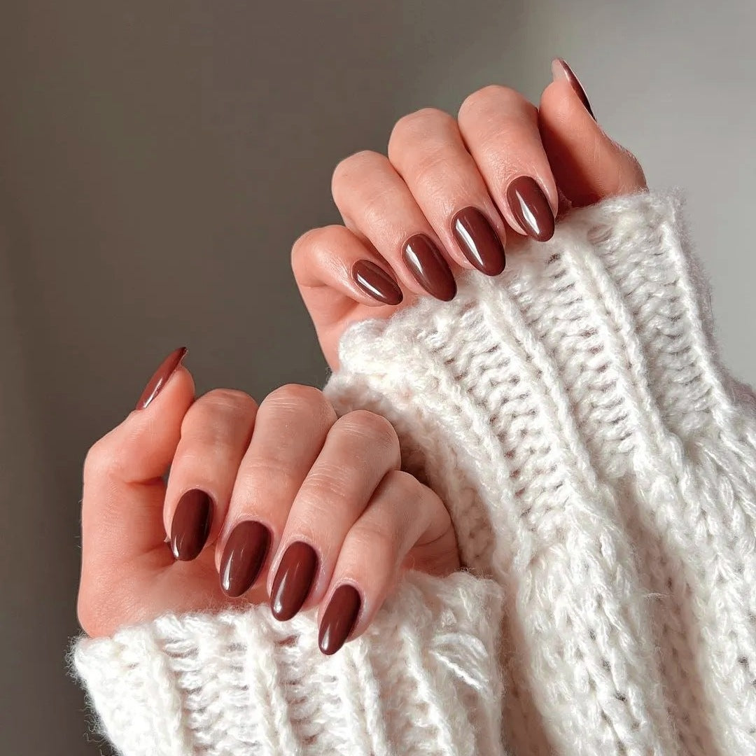 Cozy Autumn Elegance Medium Almond Shaped Dark Brown Glossy Nail Set