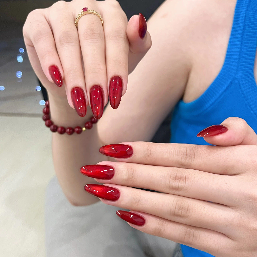 Glamorous Red Elegance Almond Shaped Glossy Red Press On Long Nail Set with Eye-Catching Shine