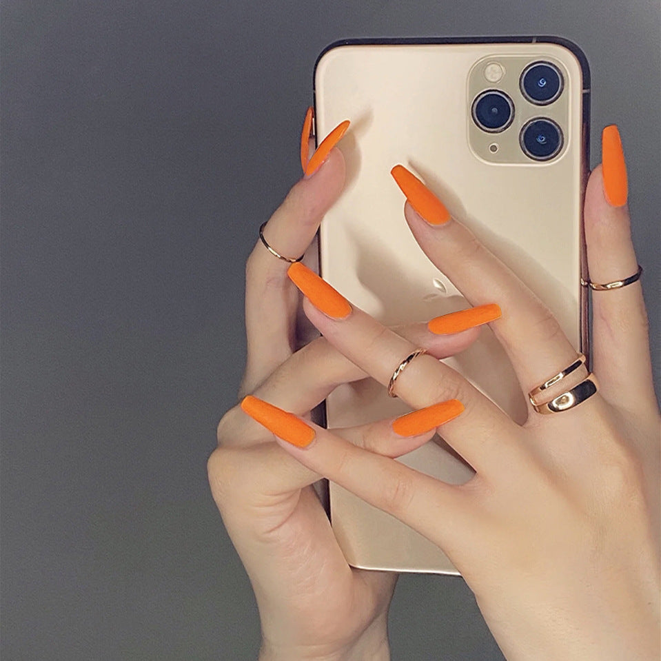 Sunset Charm Long Coffin Bright Orange Matte Press On Nails with Seamless Fit Technology