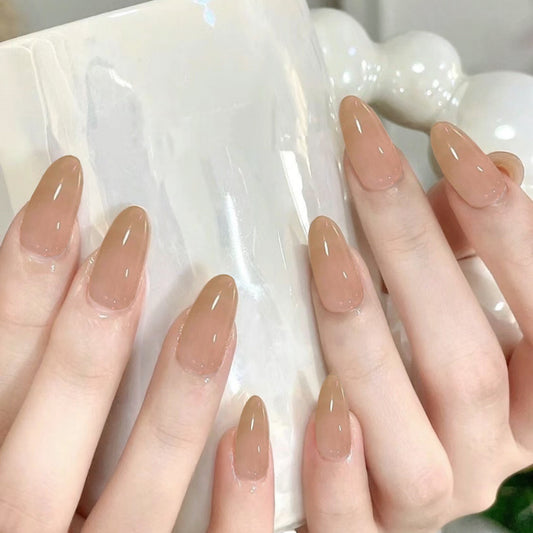 Spring Blossom Elegance Almond Shaped Beige Press On Long Nail Set with Glossy Finish