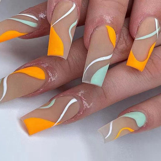 Tropical Vibes Long Coffin Colorful Abstract Design Press On Nail Set