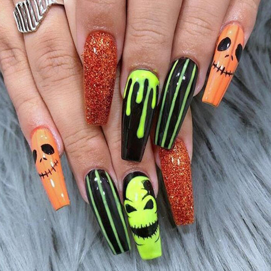 Spooktacular Long Coffin Press On Nail Set Orange Black Green Glitter with Halloween Themes