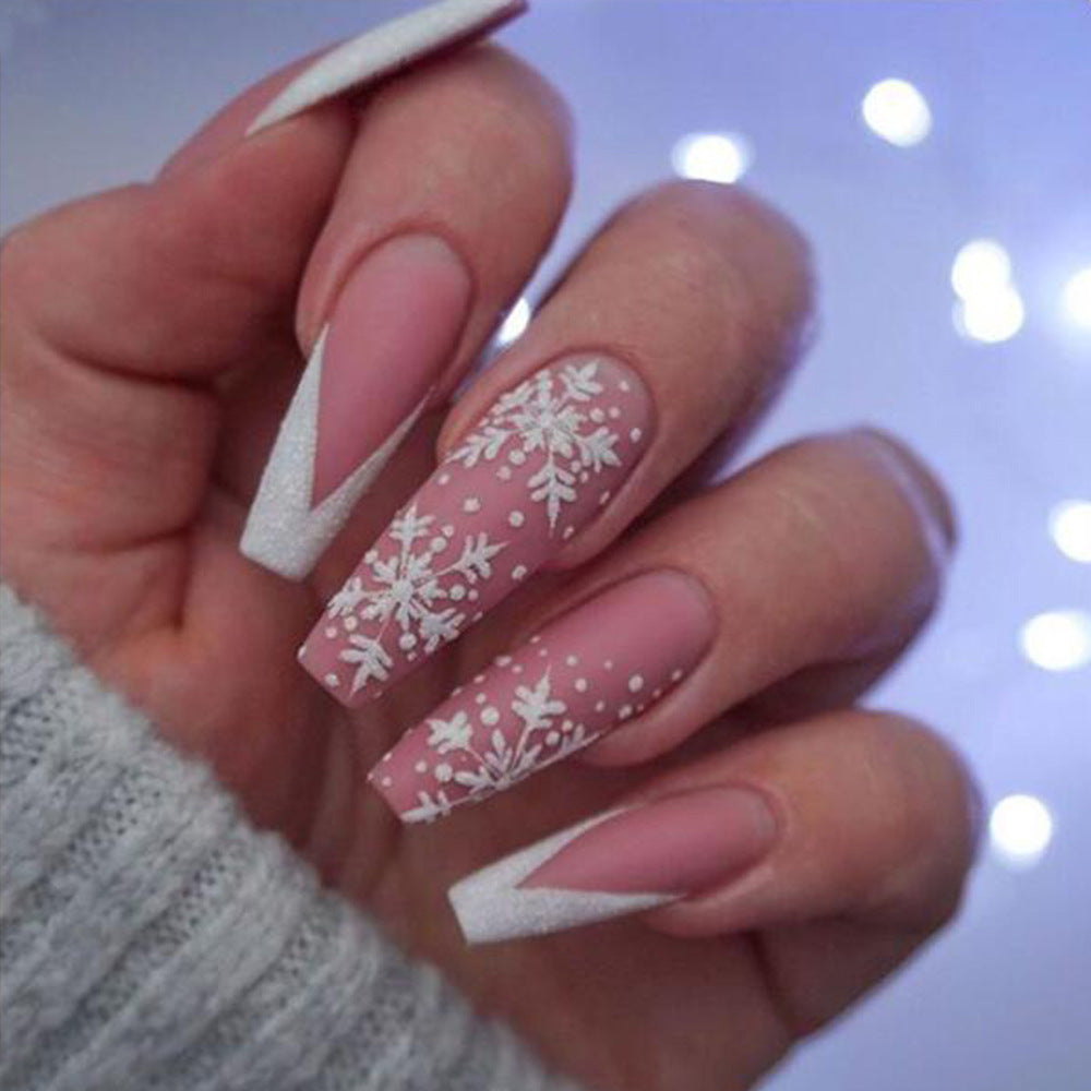 Winter Wonderland Long Coffin Pink and White Press On Nail Set with Snowflake Design