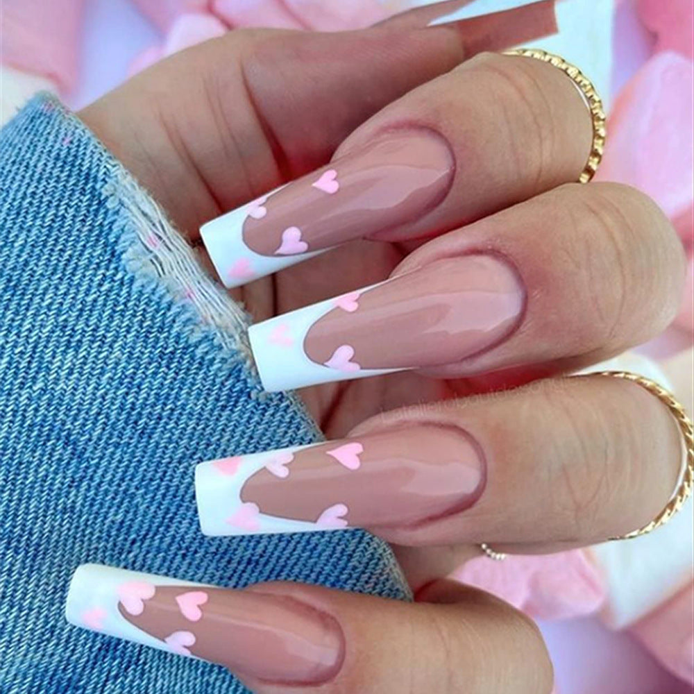 Sweetheart Dream Long Coffin Pink and White Press On Nail Set with Heart Accents