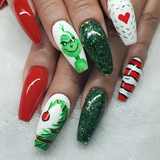 Grinchy Holiday Spirit Extra Long Coffin Red Green Glitter Press On Nail Set