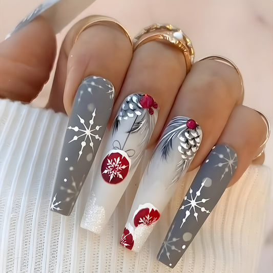 Winter Wonderland Extra Long Coffin Grey Press On Nail Set with Snowflake and Christmas Ornament Accents