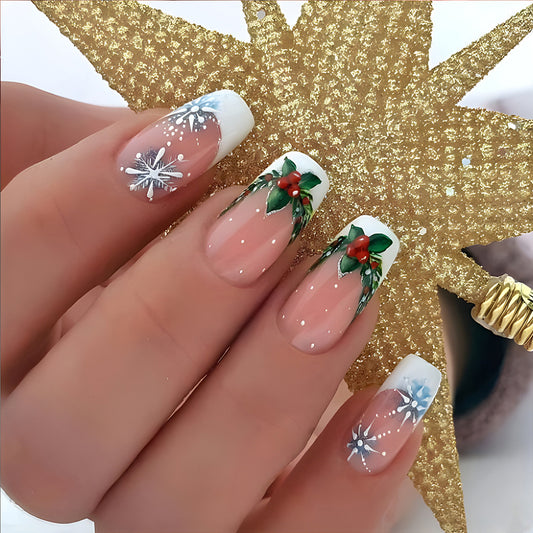 Winter Wonderland Long Square White and Clear Press On Nail Set with Holly and Snowflake Art Design