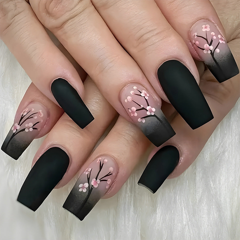 Midnight Blossom Long Coffin Black and Pink Cherry Blossom Press-On Nail Set